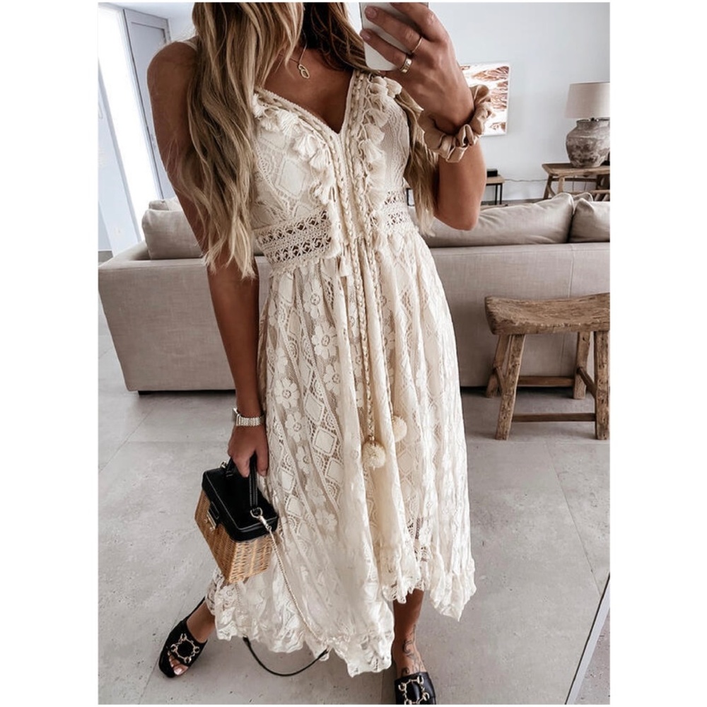 01 Boho Embroidered Floral Tassel Lace Cami Maxi Dress - Picture 6 of 10